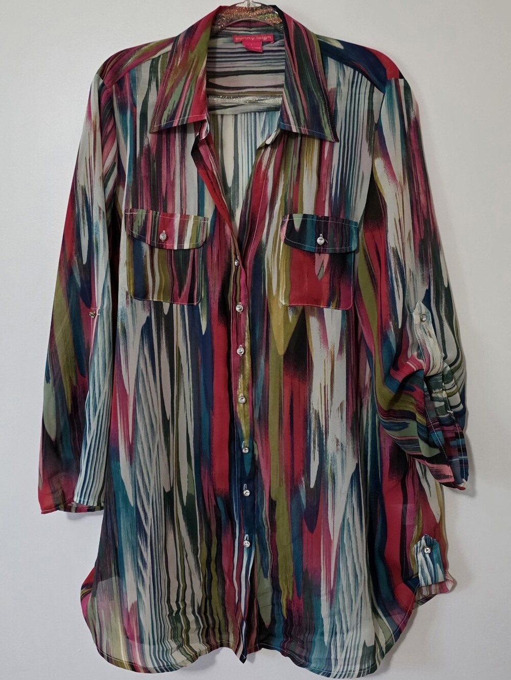 Abstract Stripe Sheer Tunic Top Boho Artsy Dopamine Dressing Retro 9Os Large